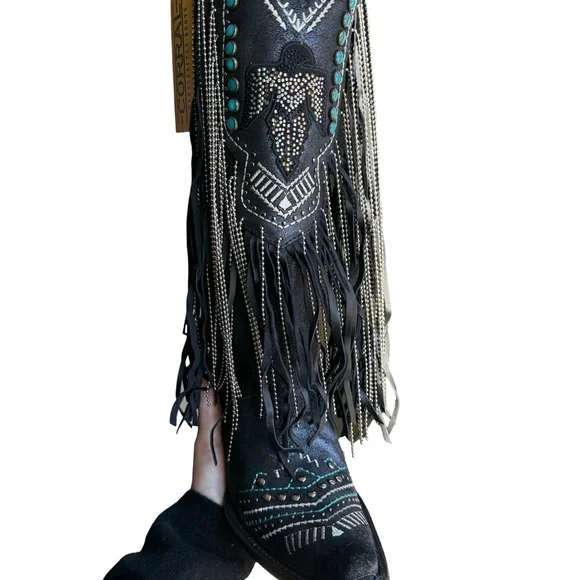 CORRAL EMBROIDERED AND CRYSTAL Black and Turquoise Eagle FRINGE WESTERN BOOTS - Picture 3 of 15